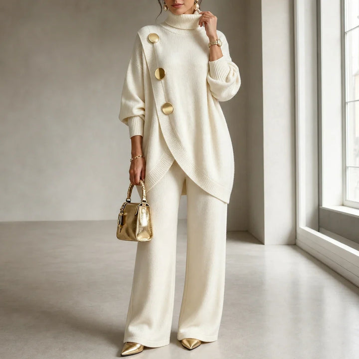 Mackenzie – Gold-Button Asymmetric Knit Two-Piece Set