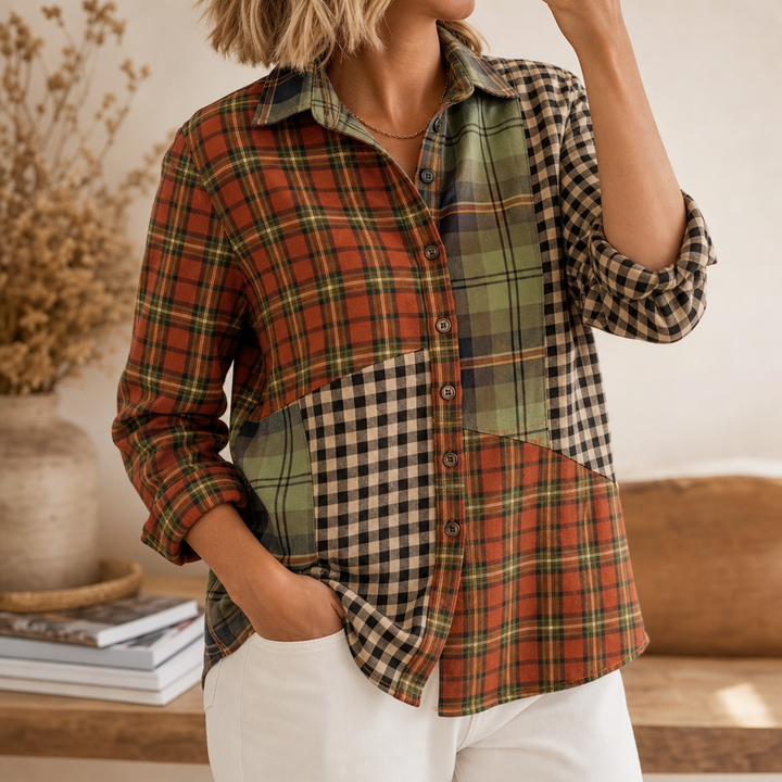 Plaidelle – Color-Block Patchwork Plaid Button-Up Shirt