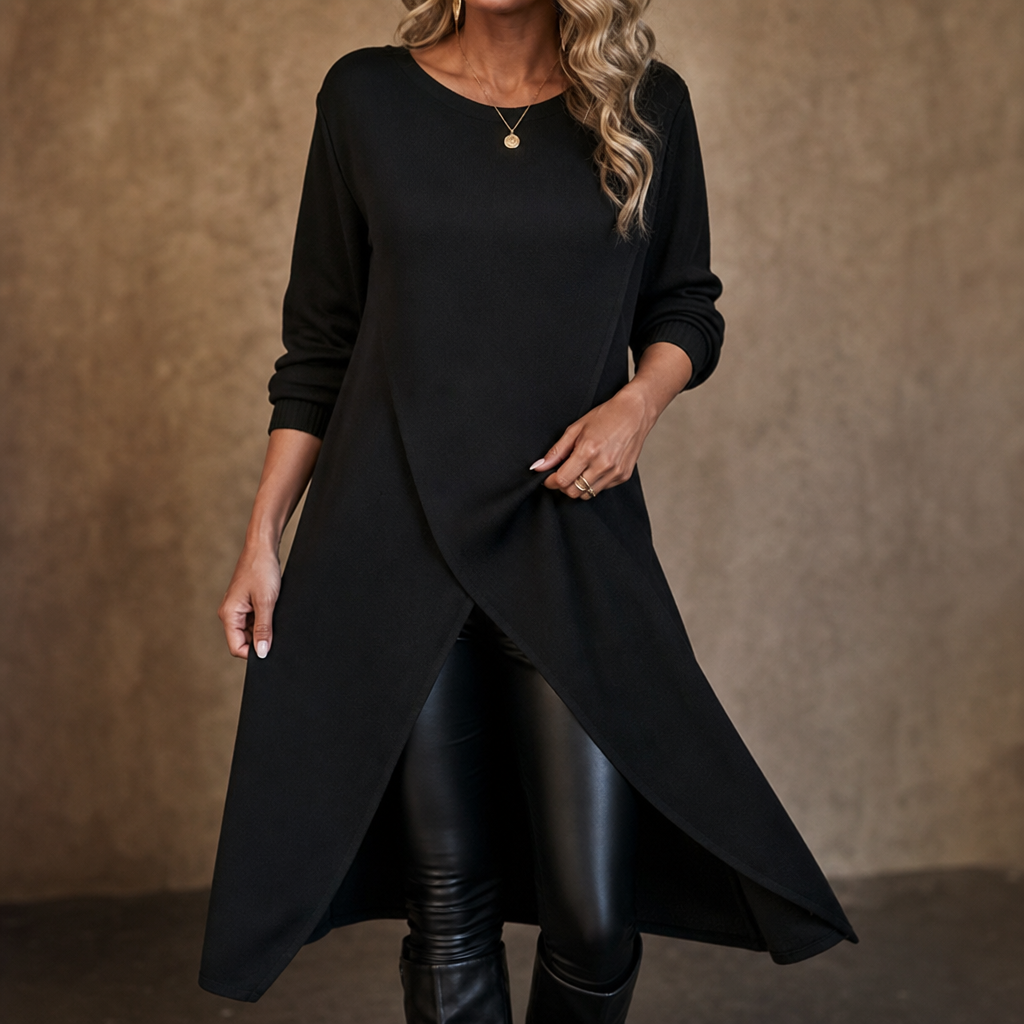 Wrapline – Asymmetric Wrap-Front Slit Hem Tunic Dress