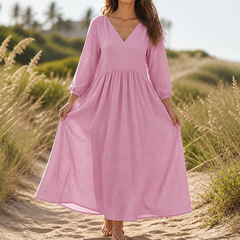 Linenova – Pleated V-Neck Cotton-Linen Look Maxi Dress
