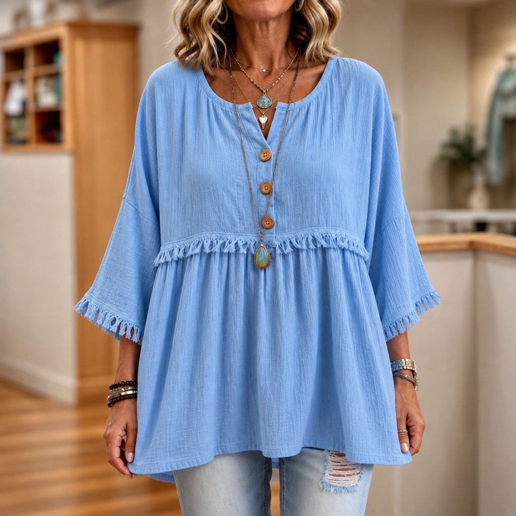 Fringe & Found – Tassel Trim Button-Front Long Sleeve Tunic