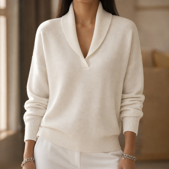 Antonia – Draped Shawl-Collar V-Neck Sweater