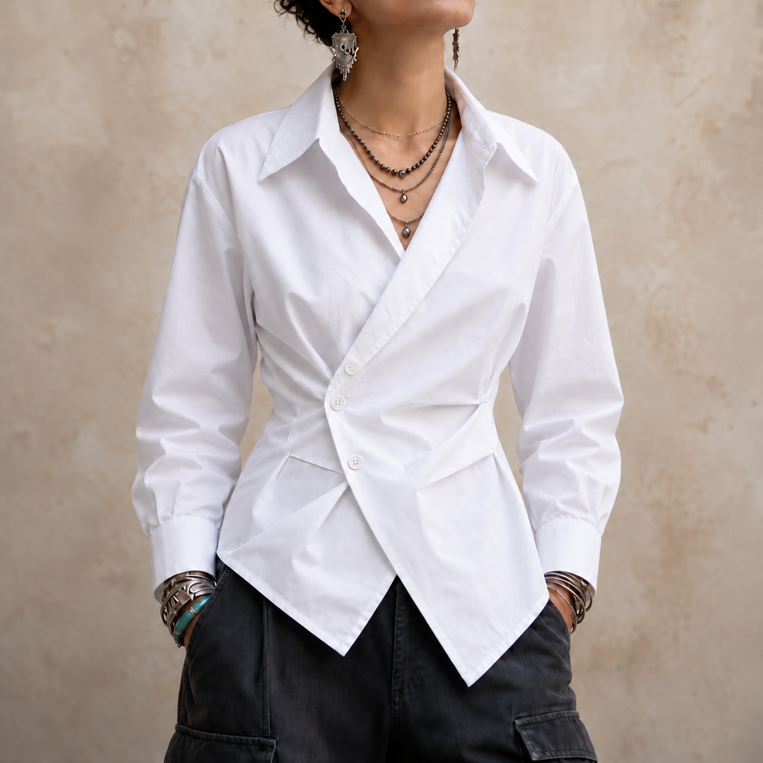 Vela Twist – Diagonal Wrap Hem Cotton Shirt