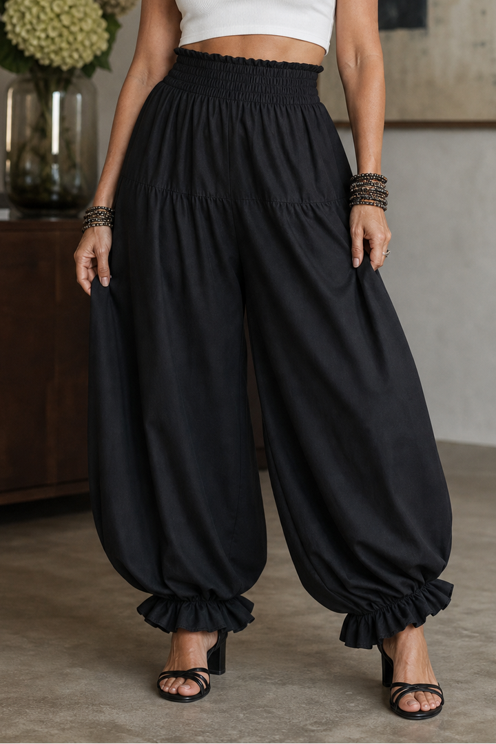 Wearbella – Smocked Waist Ruffled Hem Wide Leg Pants