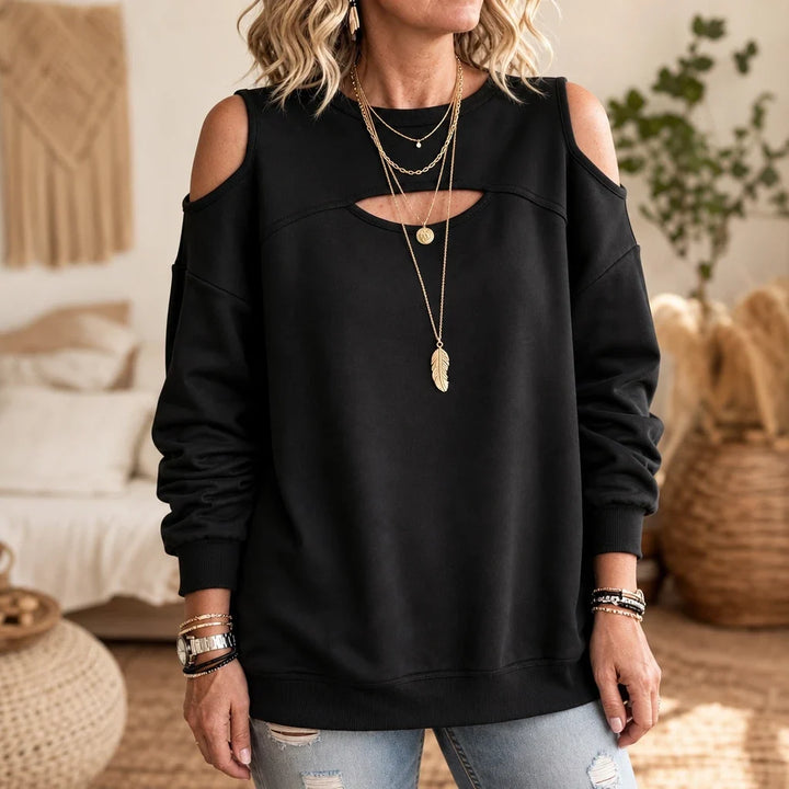 Chicora – Striped Cold-Shoulder Cutout Sweatshirt