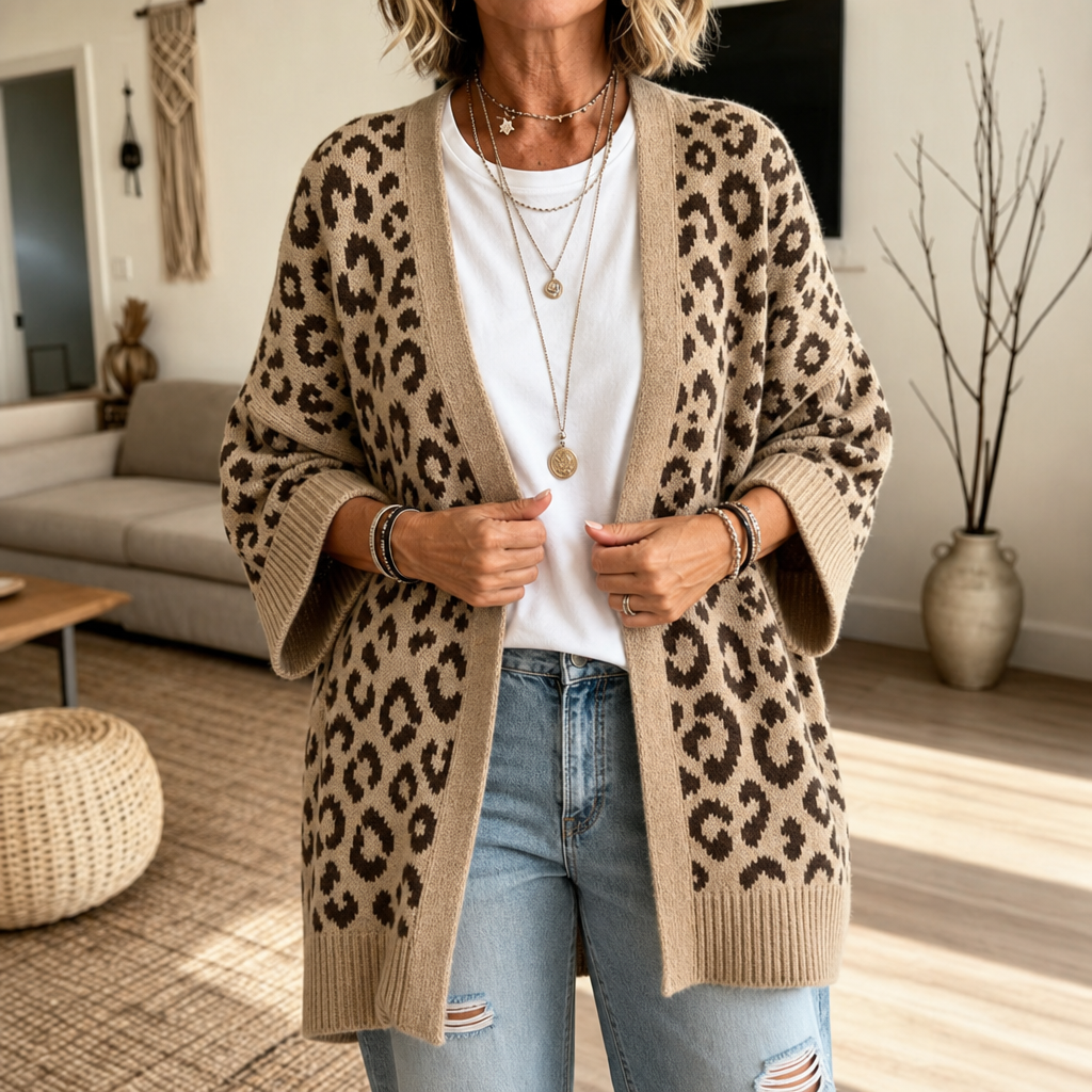 Léofur – Leopard Print Open-Front Knit Cardigan