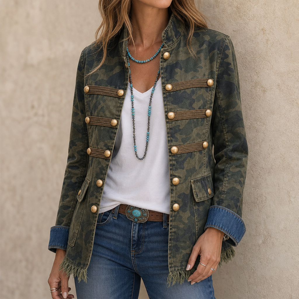 Gilded Rebel – Gold Button Camouflage Denim Jacket