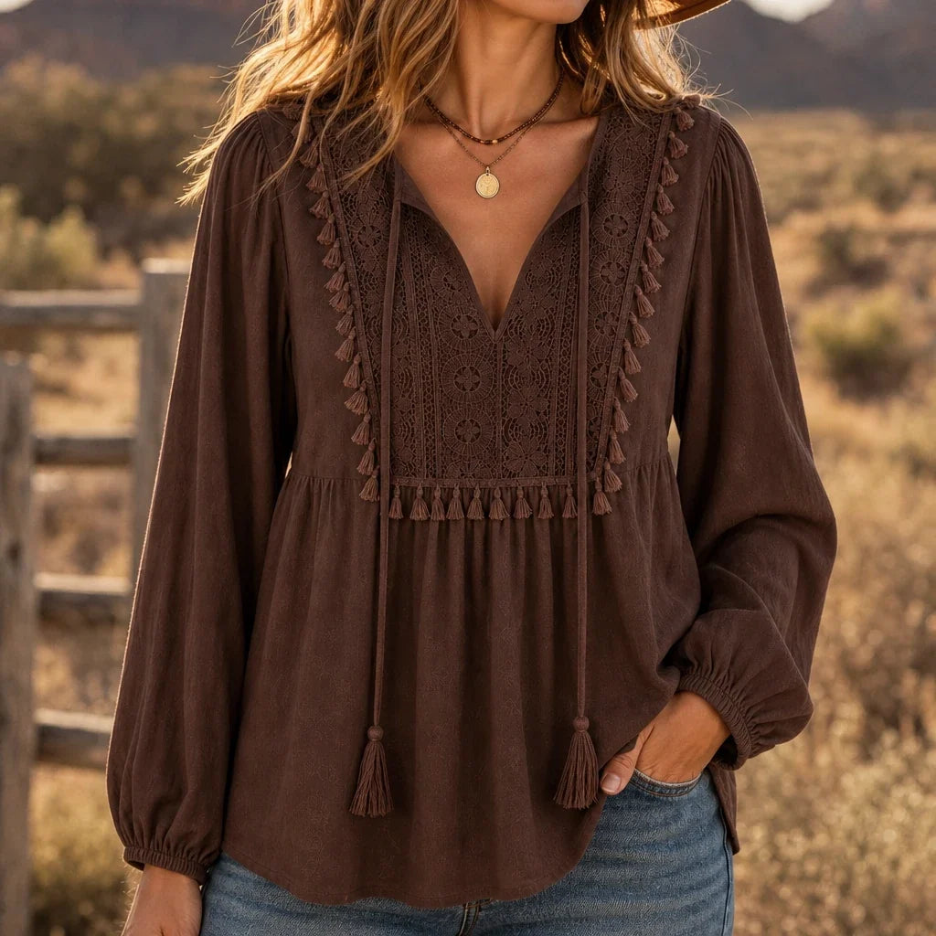 Florenza – Floral Lace Bib Tassel-Tie Peasant Blouse
