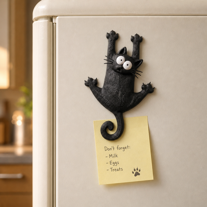 Fridge Pouncer – Hanging Black Cat Refrigerator Magnet