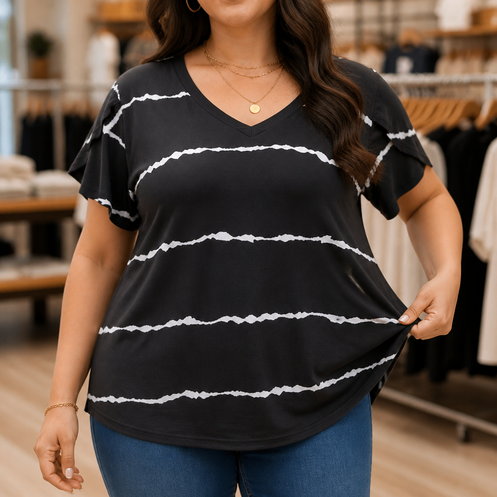 Curvella – Striped V-Neck Stretch Knit Tee