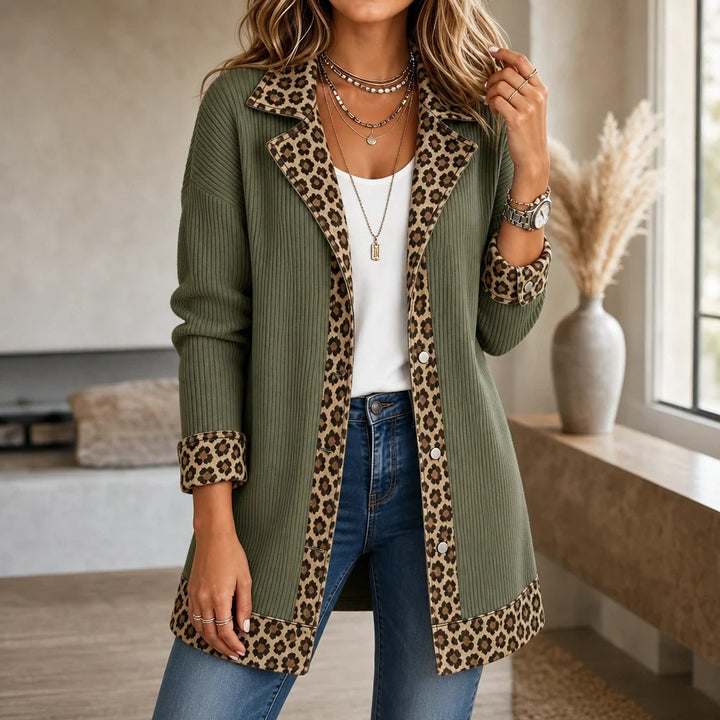 Liora – Leopard-Trim Ribbed Knit Cardigan