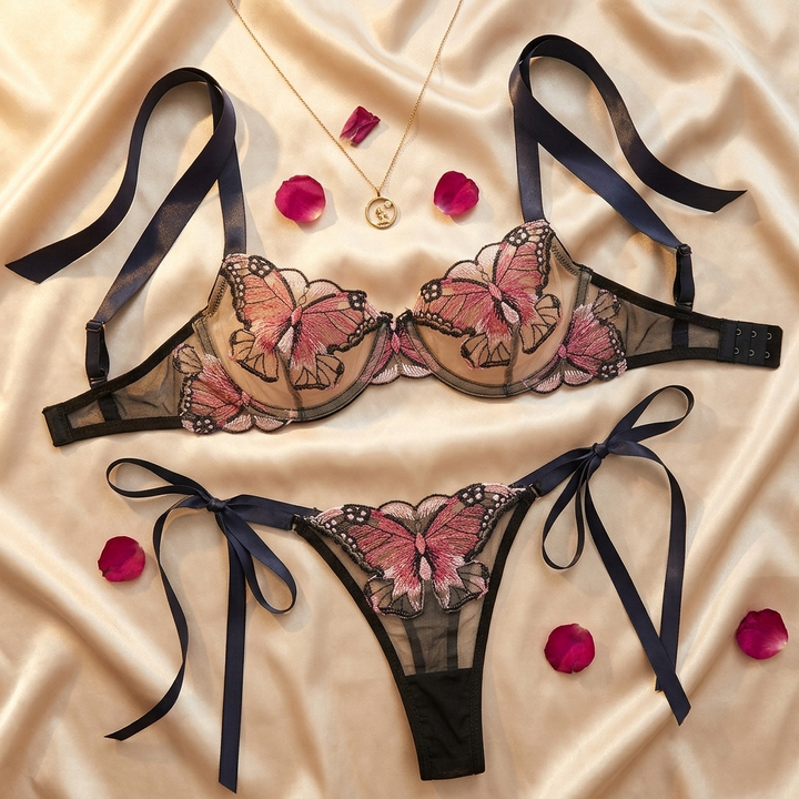 Fiorelle™ Butterfly Embroidered Mesh Lingerie Set