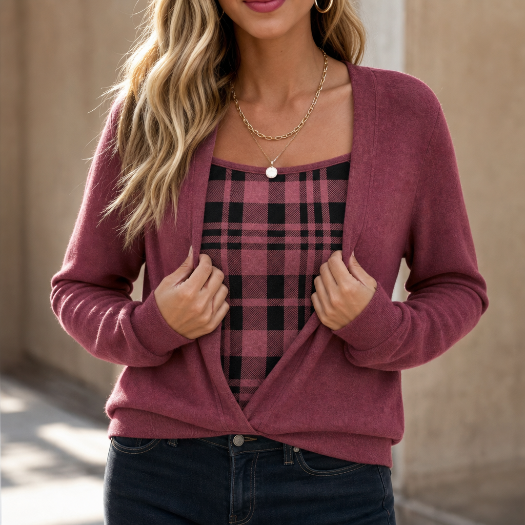 Layerlyn – Layer Plaid Panel Knit Top