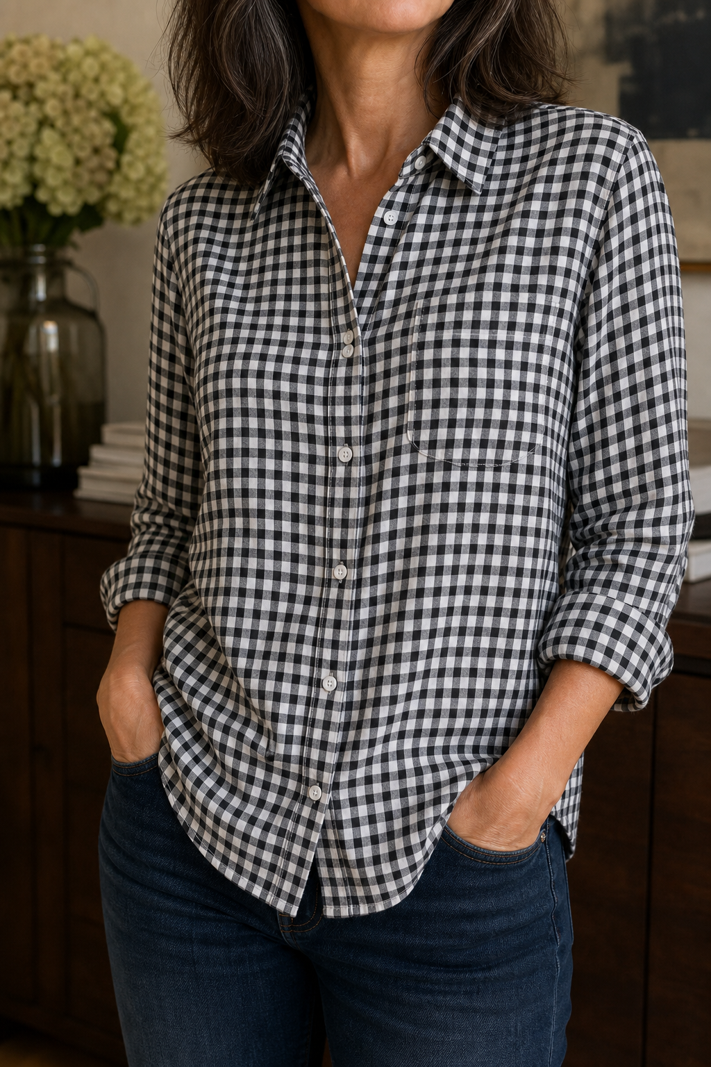 Everwear – Checkered Long-Sleeve Button-Up Shirt For Women