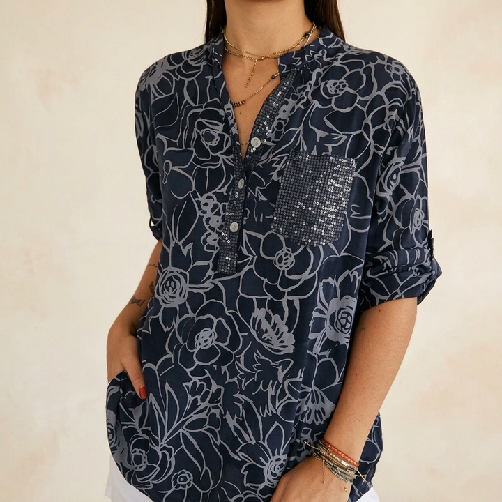 Florenne™ – Sequin Pocket Floral Blouse