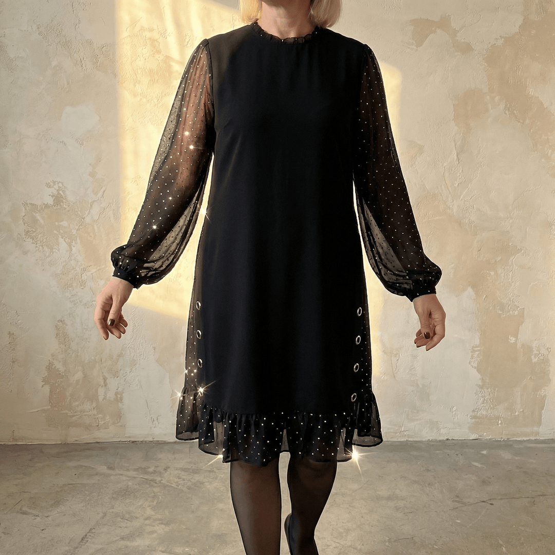 Lumiveil™ – Rhinestone Mesh Sleeve Dress with Ruffle Hem - Lark & Clover