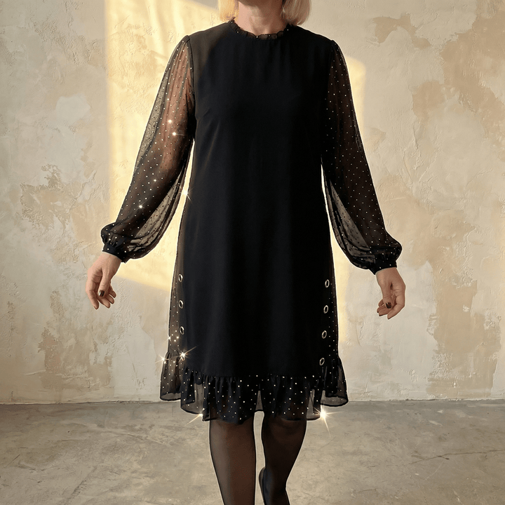 Lumiveil™ – Rhinestone Mesh Sleeve Dress with Ruffle Hem - Lark & Clover