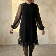 Lumiveil™ – Rhinestone Mesh Sleeve Dress with Ruffle Hem