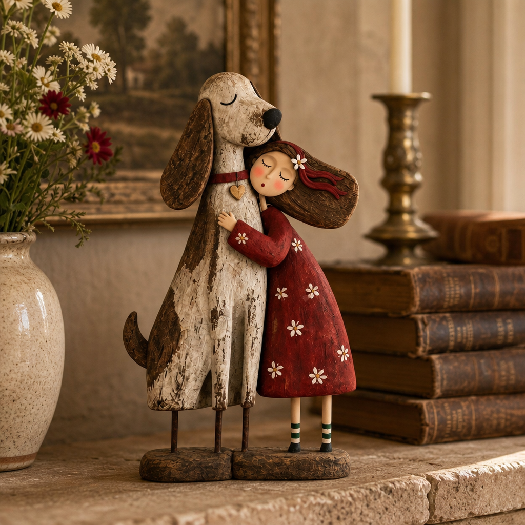 Wearbella – Distressed Resin Girl Hugging Pet Figurine