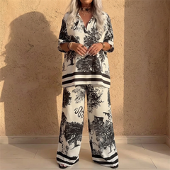 Vivara™ – Printed V Neck Top and Wide Leg Pants Set