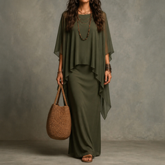 Draperie – Cape Sleeve Asymmetric Hem Maxi Dress