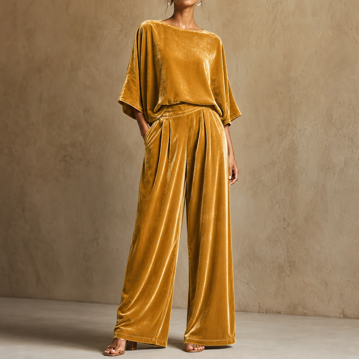 Veloura – Half-Sleeve Top And Wide-Leg Pants Set