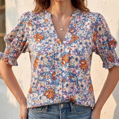 Florenza™ – Floral Puff Sleeve V-Neck Blouse