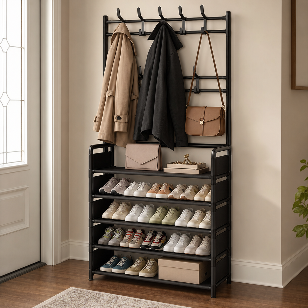 Haldrow – 3-Tier Shoe Rack With Coat Hooks