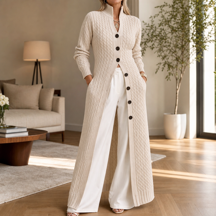 Cablewick – Vertical Cable-Knit Open-Front Duster Cardigan