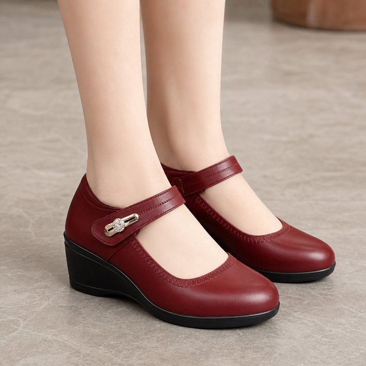 Solvana – Strap-Fastened Faux Leather Mary Jane Flats