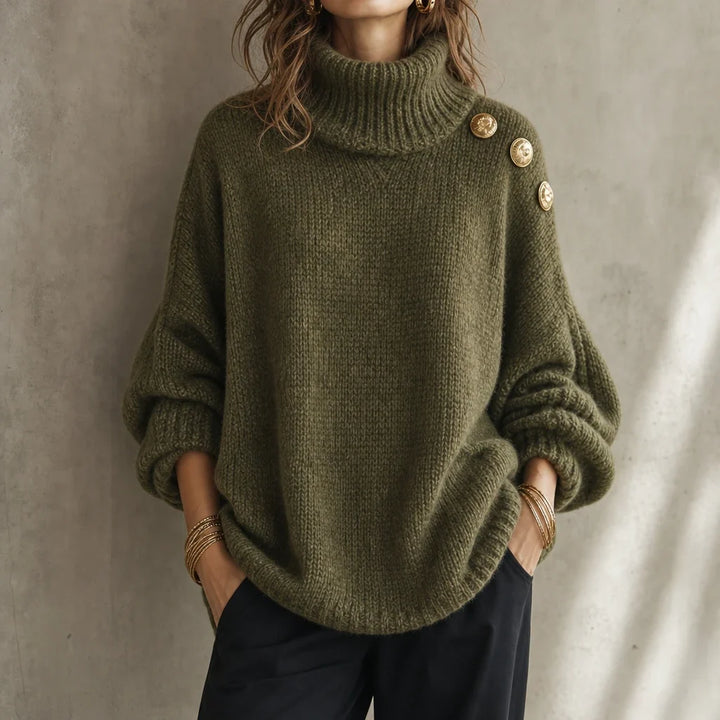 Aurelle – Gold Button Shoulder Knit Turtleneck Sweater