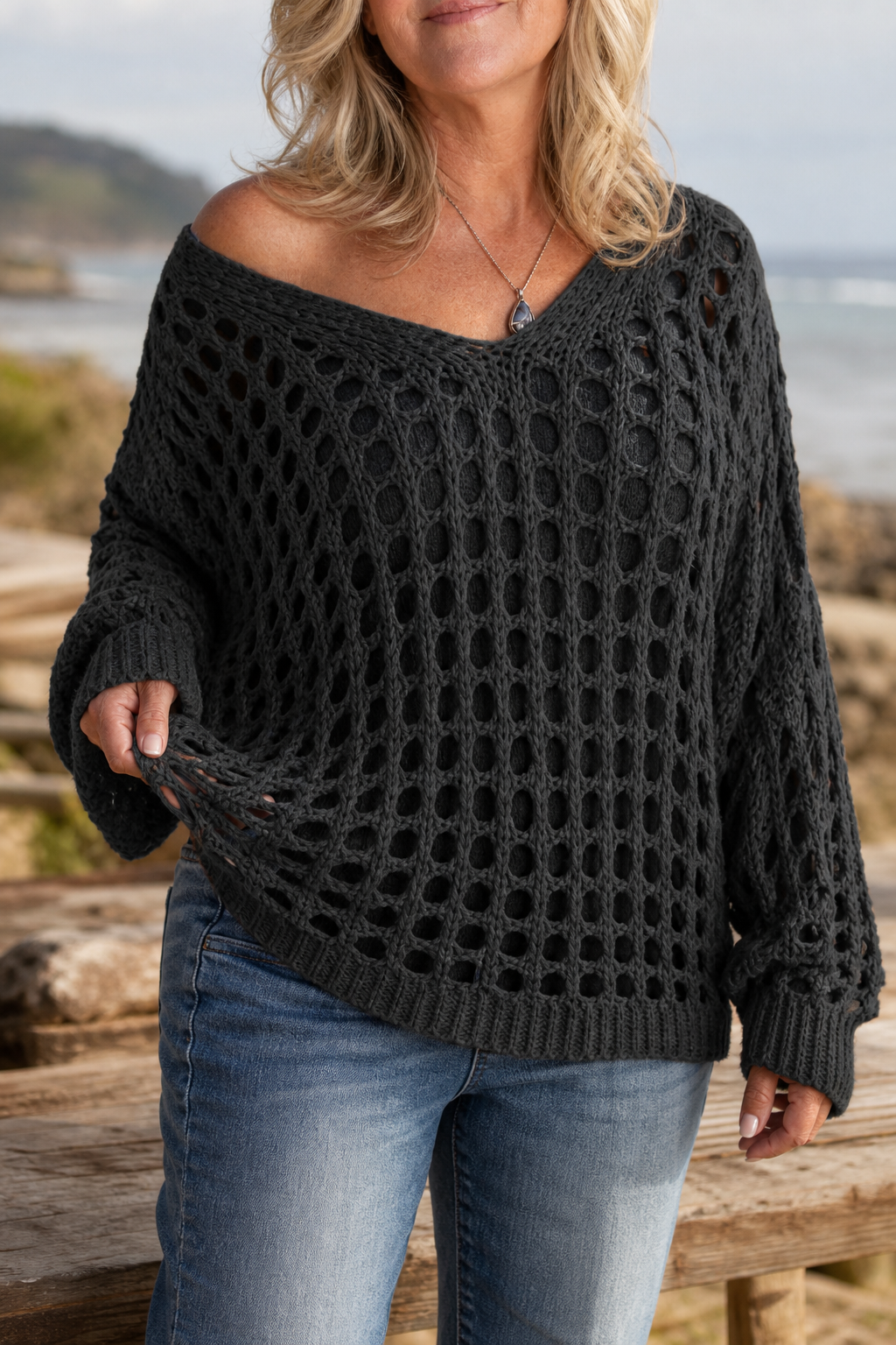 Sunlace – Open-Knit Off-Shoulder Oversized Sweater