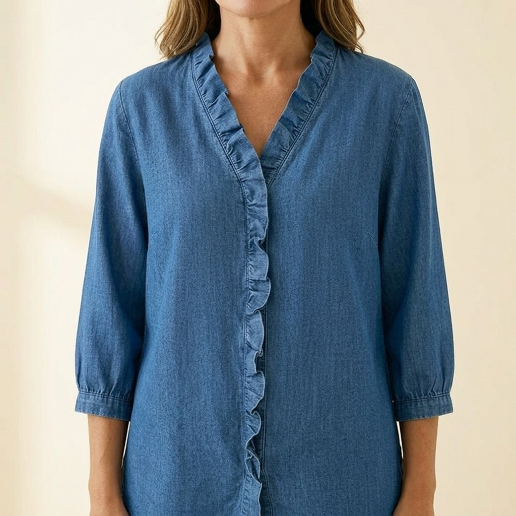 Wrenley™ – Soft Ruffled Denim Shirt with High Low Hem