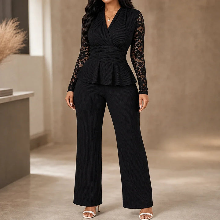 Vellora – Pleated Peplum Floral-Lace Two-Piece Pantsuit