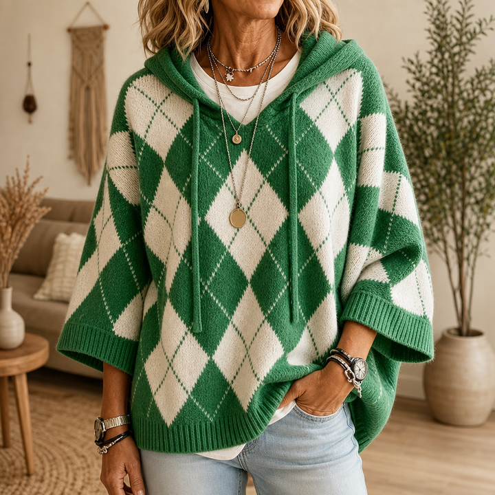 Wrapbella – Hooded Argyle Batwing Poncho Sweater