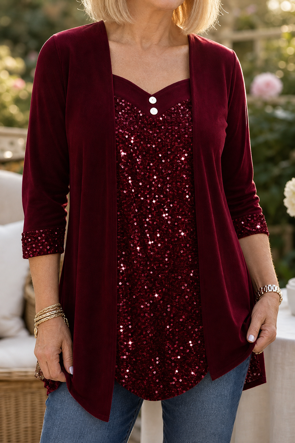 Veluxe Duo – Sequin Front Mock-Layer Evening Top