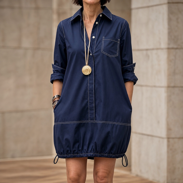 Collara – Lapel Collar Half-Sleeve Midi Dress