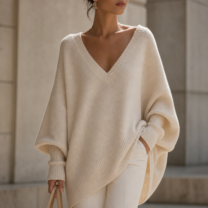 Vellora – Draped V-Neck Stretch-Knit Sweater