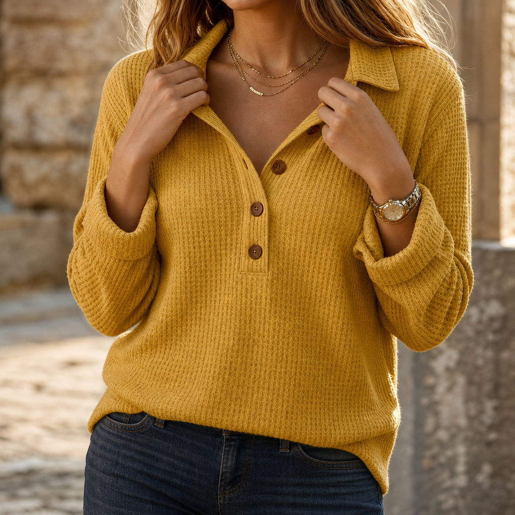 Wovella – Waffle-Knit Button Henley Top
