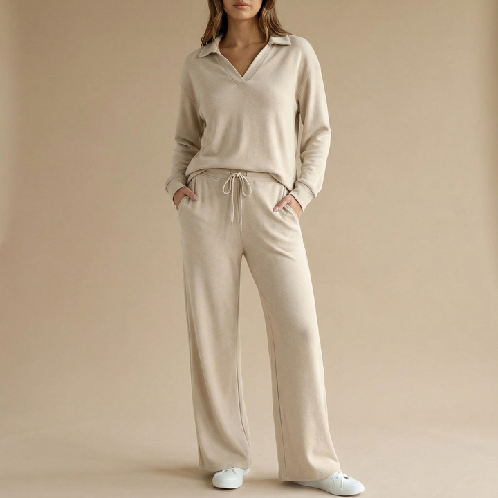 Veluna™ – Soft V-Neck Lounge Set with Wide Leg Pants