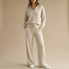 Veluna™ – Soft V-Neck Lounge Set with Wide Leg Pants