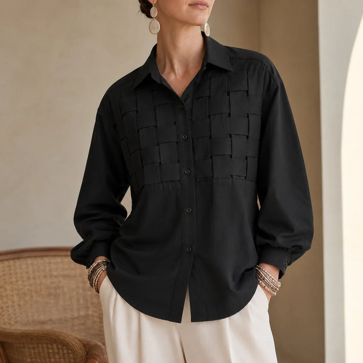 Wovelle – Raised Woven-Check Long-Sleeve Blouse