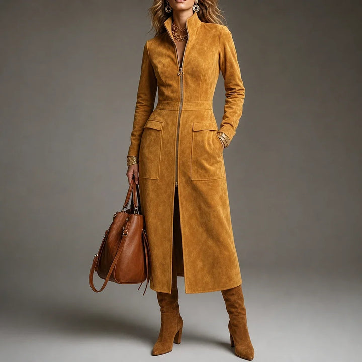 Velora – Fitted Stand-Collar Longline Coat