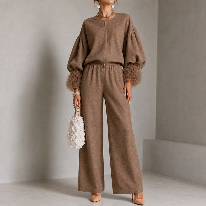 Wearlyn – Tulle-Cuff Balloon Sleeve Top And Pants Set