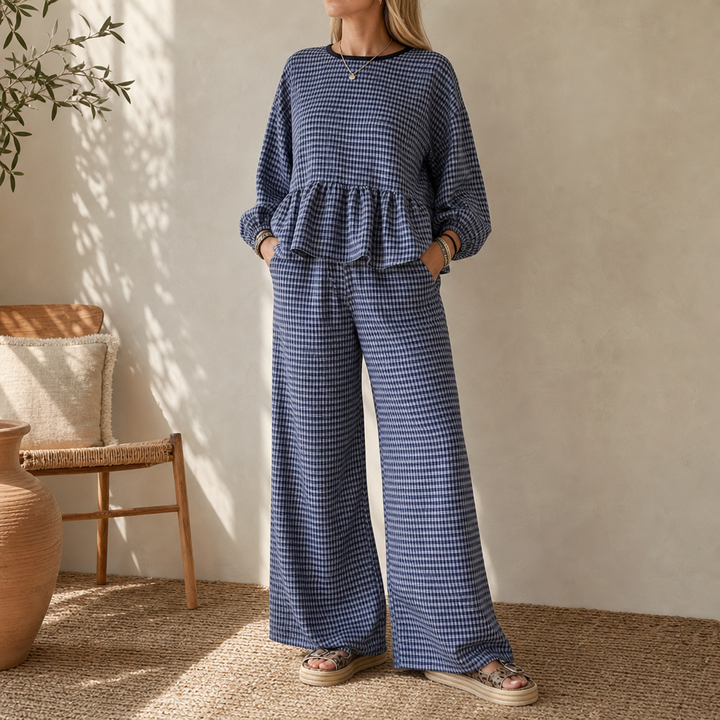 Elara – Gingham Peplum Top And Wide-Leg Pants Set