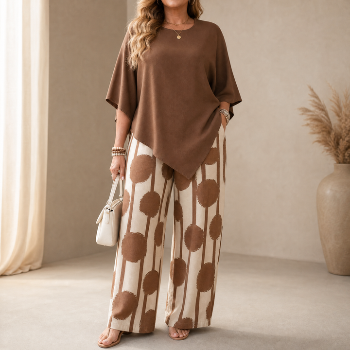Luna™ – Asymmetric Drape 2-Piece Set with Wide-Leg Print Pants