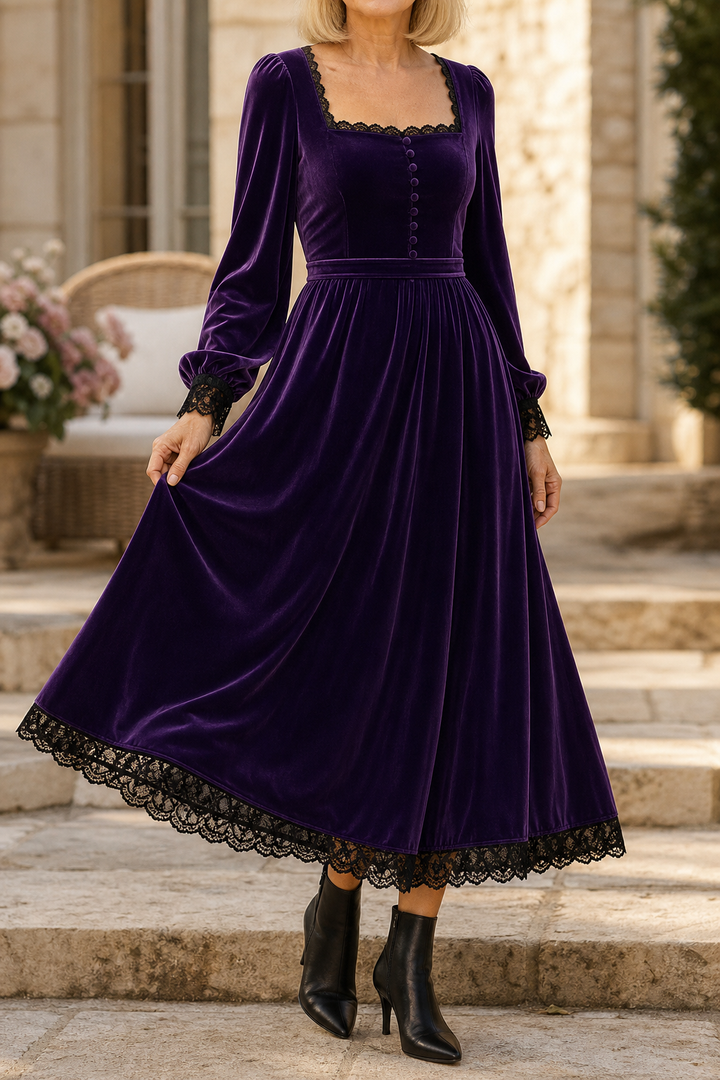 Velourette – Square Neck Fitted Waist Velvet-Look Midi Dress