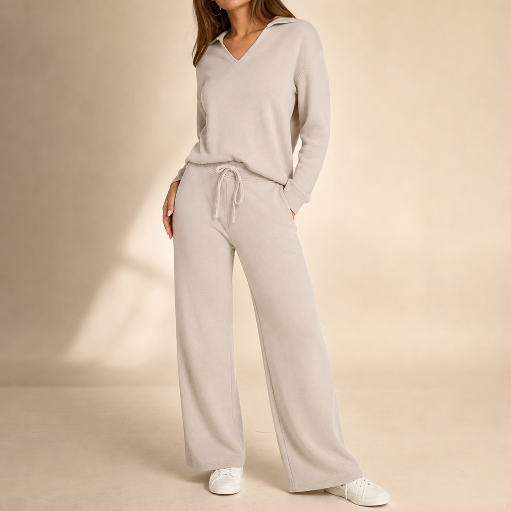 Softline – V-Neck Knit Top And Wide-Leg Pants Set