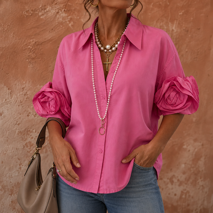Roselle – 3D Rose-Flower Cuff Collared Blouse