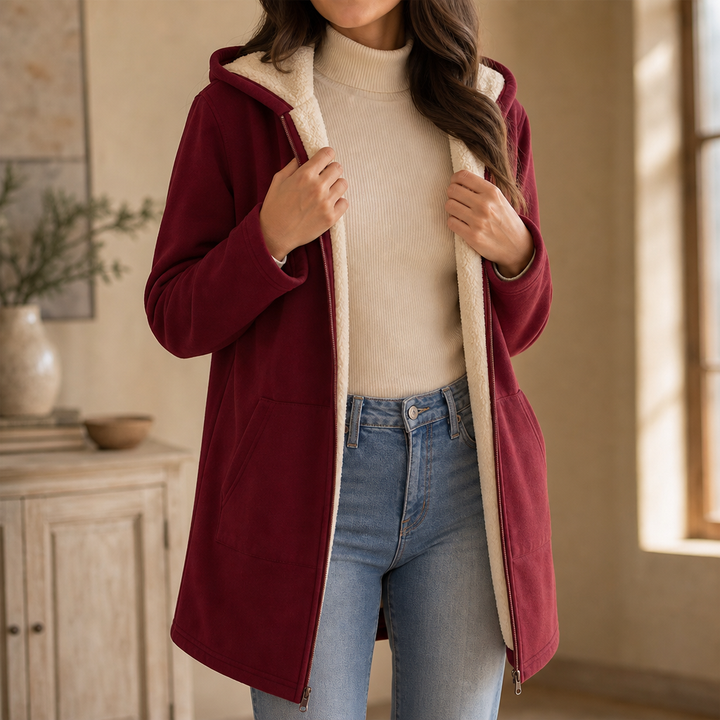 Cozelle – Fleece-Lined Look Hooded Mid-Length Jacket
